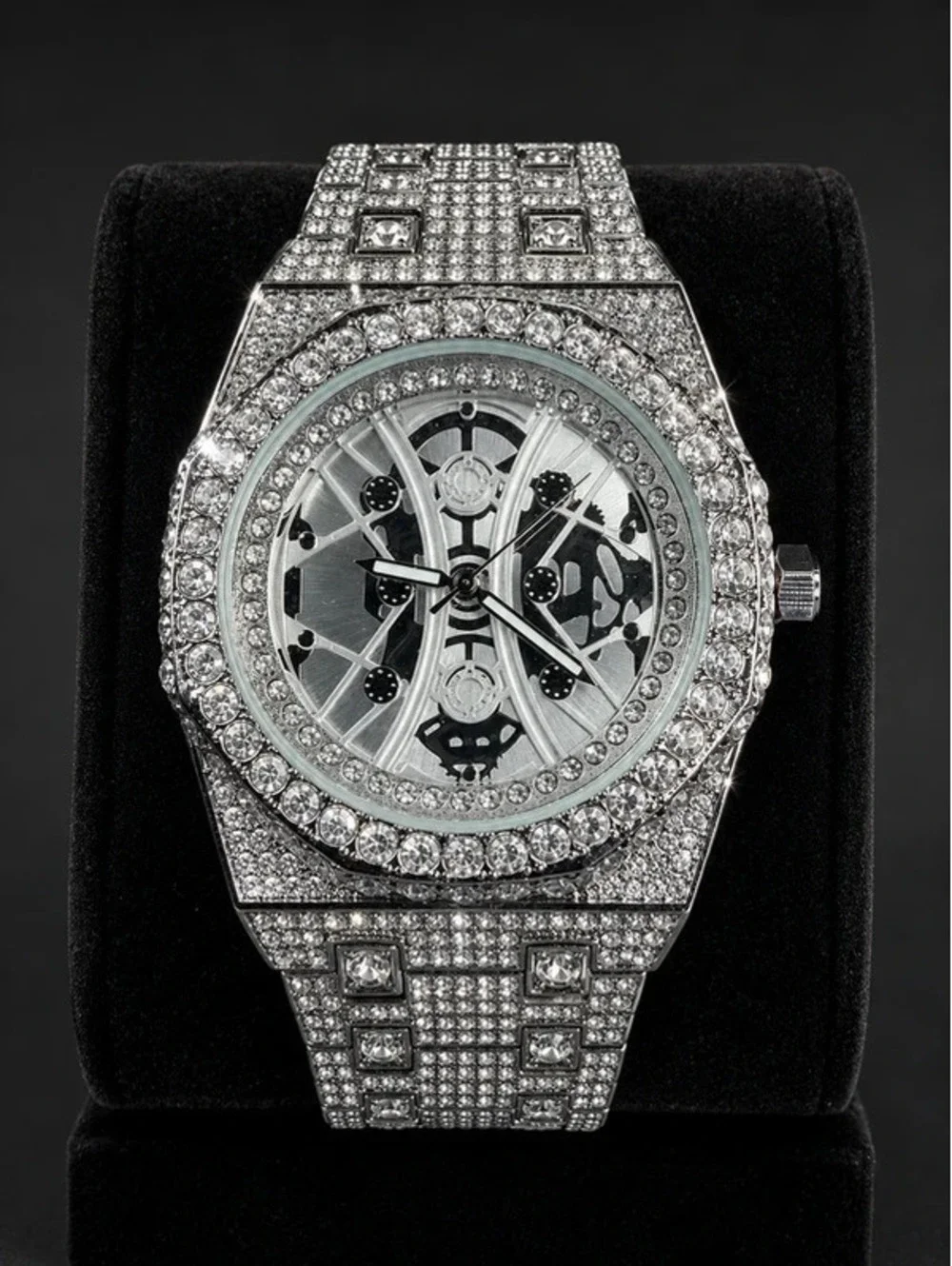 #595  55mm Iced Out Bling Chandelier Watch – Silver-Tone Skeleton-Style Dial